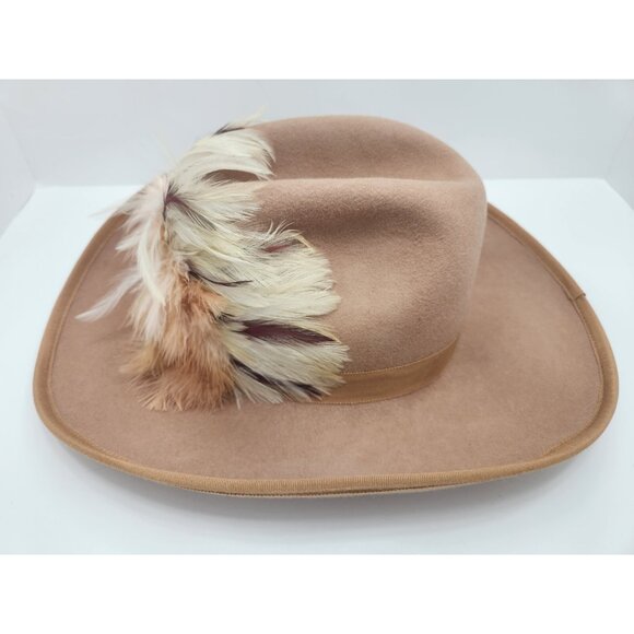 Lancaster Cowboy Hat Women's Tan 100% Wool Feather Trim Sonni 55cm Made In USA - Picture 2 of 8
